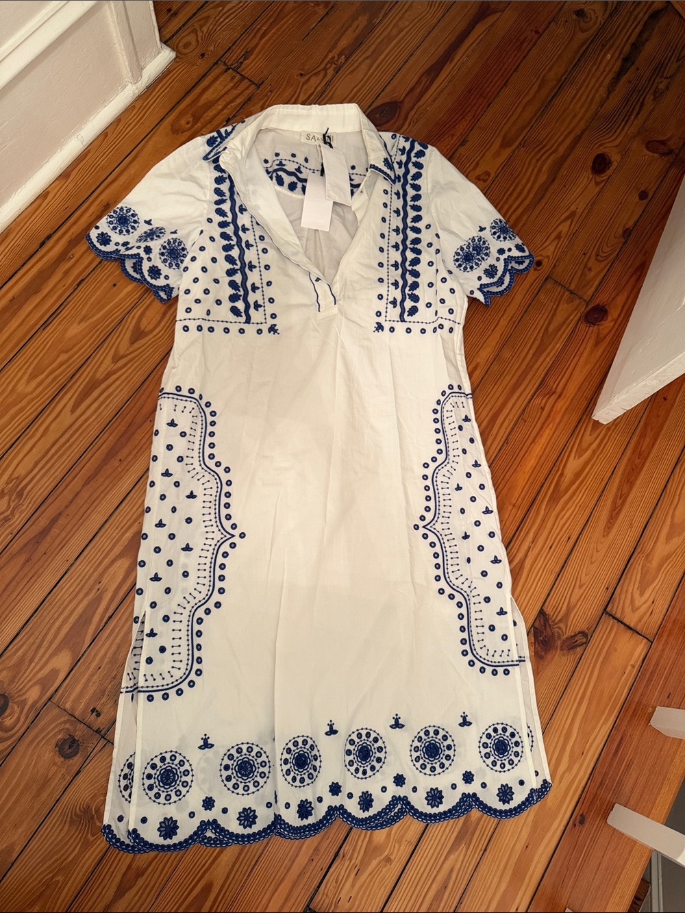 SALONI White Midi Dress with Blue Embroidered Detailing
